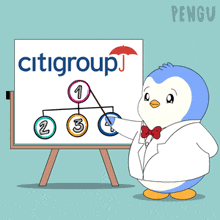 a penguin is standing next to a white board with the citi logo on it