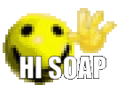 a pixel art of a smiley face giving a high five and the words hi soap .