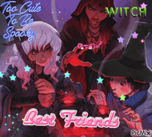 a picture of witches with the words too cute to be spooky best friends
