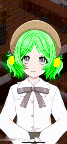 a girl with green hair is wearing a hat