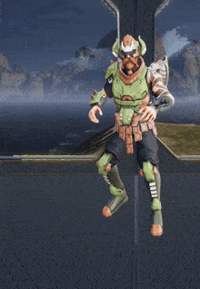 a video game character with a beard and a helmet that has the letter c on it