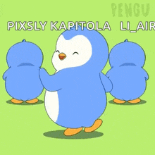 a cartoon of three penguins standing next to each other on a green background .