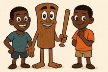 a cartoon drawing of three boys with a wooden character holding a bat