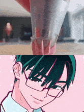 a drawing of a man with glasses and green hair next to a picture of a person with pink nails