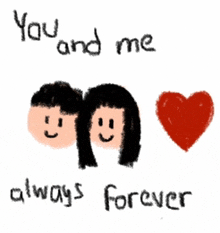 a drawing of two faces with the words you and me always forever