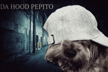 a dog wearing a baseball cap with the words da hood pepito behind it