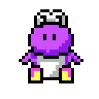 a pixel art drawing of a purple , pink , and yellow mushroom with a white background .