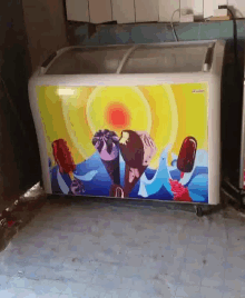 an ice cream freezer with a picture of ice cream cones and popsicles