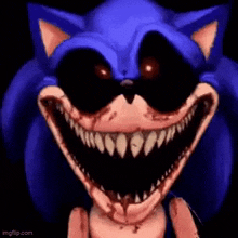 a close up of a scary sonic the hedgehog with a large smile on his face .