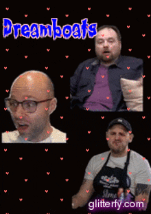 a collage of three men with the words dreamboats in blue