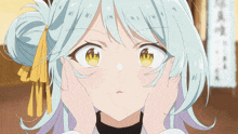 a close up of a girl making a face with a star in her mouth