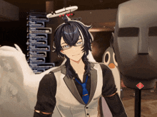a man with long black hair and glasses is standing next to a mannequin with the number 00 on it