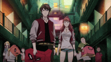 a group of anime characters are walking down a dark alleyway with boxes on their heads