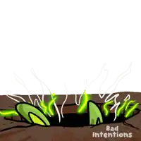 a cartoon of a green bunny holding a carrot with the words bad intentions written below it