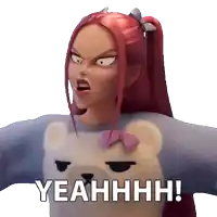 a cartoon girl with red hair is wearing a teddy bear sweater and saying yeahhhh