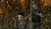 a video game screen shows a boy and a man talking and the boy says all right duck