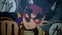 a demon with red eyes and horns is holding a lantern