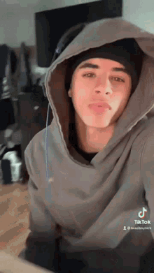 a young man is wearing a hoodie and a beanie .