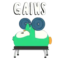 a cartoon of a duck lifting weights with the words gains above