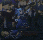a group of people are standing around a woman in a blue dress holding a bottle of wine