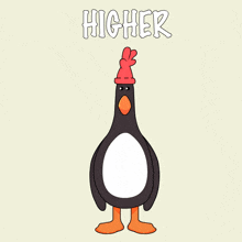 a penguin wearing a red hat with the word higher written above it