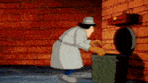a cartoon character is throwing something in a trash can