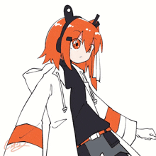 a drawing of a girl with orange hair and red lines coming out of her face