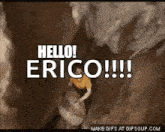 a man is holding a rock in a cave and says `` hello ! erico !!! ''