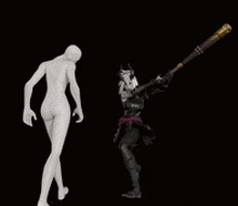 a naked mannequin is standing next to a woman holding a baseball bat .