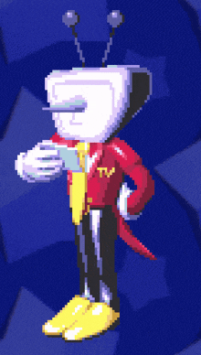 a pixel art of a cartoon character wearing a helmet