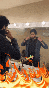 a man adjusts his jacket in front of a mirror with the words get ready on the bottom