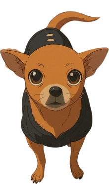 a small brown dog wearing a black shirt and a black hat