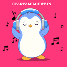 a penguin wearing headphones is surrounded by music notes and the words starttamilchat.in