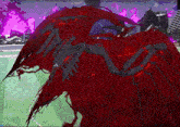 a cartoon drawing of a skeleton with red wings and a purple background