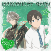 two anime characters standing next to each other with a green heart that says " love " on it