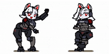 a pixel art drawing of a robot girl with headphones dancing .