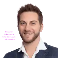 a man with a beard is smiling with the words meneer ik ben echt heel boos aan het worden