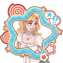 a cartoon drawing of a woman in a white dress surrounded by speech bubbles and stars