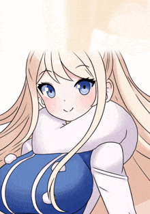 a girl with long blonde hair and blue eyes is wearing a white scarf around her neck