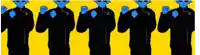 a row of blue aliens are standing in a row on a yellow background .