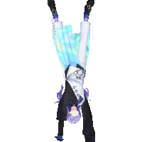 a person with purple hair is laying upside down on their back