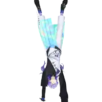 a person with purple hair is laying upside down on their back