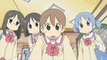 a group of cartoon characters are standing next to each other and one of them has a surprised look on her face