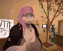 a computer generated image of a shark with pink hair and a heart tattoo on her chest