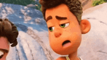 a cartoon boy with green eyes is making a funny face .