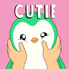 a cartoon of a penguin with the word cutie on it