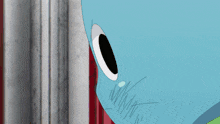 a close up of a blue cartoon character 's face with a white eye