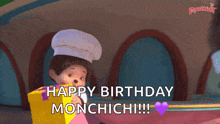 a cartoon girl in a chef hat is holding a gift and says happy birthday monchichi !!!