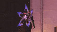 a video game character has a purple flower on his back