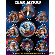 a poster for the roatan world showcase shows the team jayrob including poseidon scarlette crystal and cathlyn